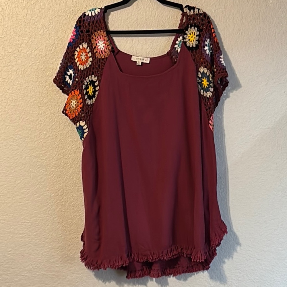 Umgee Fuschia Granny Square Short Sleeve Blouse